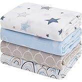 Softan Muslin Swaddle Blankets for Baby Girl & Boy, 47X47In Receiving Blankets for Newborn, Swaddle Blanket Set Soft Silky & Breathable,Blue Rainbow and Five-Pointed Star, 4 Pack