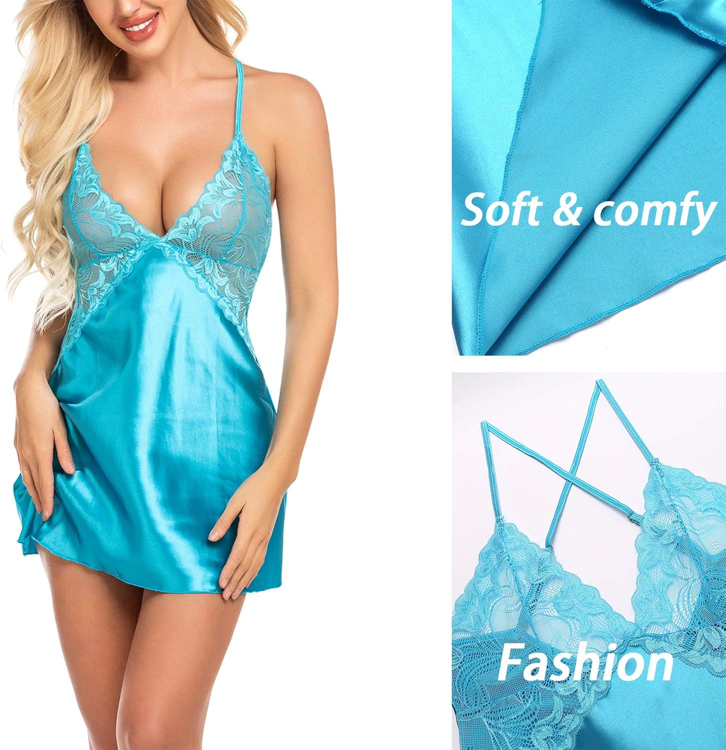 Avidlove Women Lingerie V Neck Nightwear Satin Sleepwear Lace Chemise Mini Teddy: Clothing