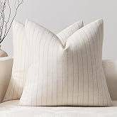 DEZENE Pack of 2 Linen Striped Throw Pillow Covers 18x18 Neutral Couch Pillow Cases Farmhouse Decorative Square Accents for Living Room Sofa Bedroom, Beige