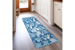 Bunny Runner Rug, Spring Fanciful Floral Leaf Spring Blue Non-Slip Soft Rectangle Carpet Stain Resistant for Kitchen Doorway 