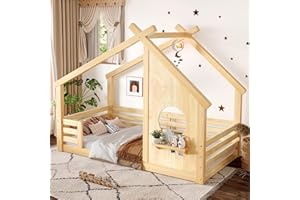 Bellemave Twin House Bed for Kids with Full-Length Guardrails & Slats, Wood Montessori Floor Bed Frame with Window & Shelf, Twin Size Floor Bed for Bedroom, No Box Spring Needed, Natural