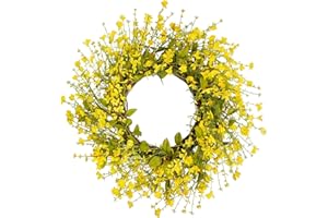 wwmira 20 Inch Farmhouse Spring Wreath for Front Door - Artificial Yellow Forsythia Wreath with Berries & Green Leaves, All S