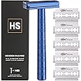 Henson Shaving Razor - Steel Blue Double Edge Safety Razor with 5 Spare Blades - 30° Angled Precision With Superior Blade Rigidity- Reusable Single Blade Razors For Men and Women - Mild Aggression