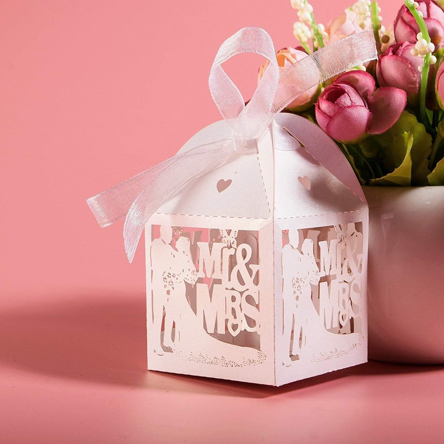 JZK 50x Groom bride Mr & Mrs wedding favours boxes hollowed-out pearly white paper wedding confetti rice sweets candy box small party gift boxes for anniversary engagement hen party prom - Image 3