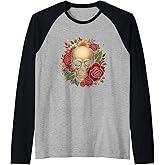 Sugar Skull Halloween Roses Flower Women Girls Raglan Baseball Tee