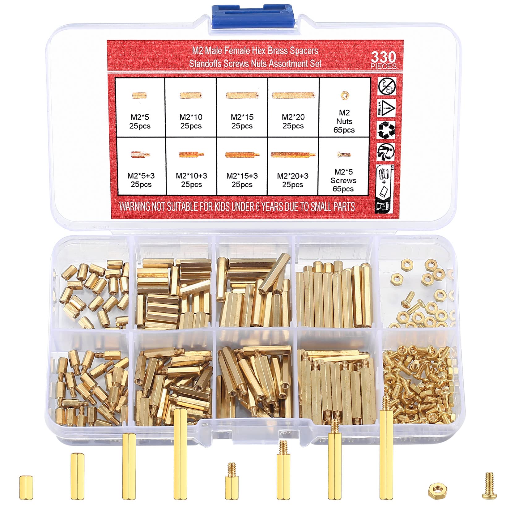 330 Pcs M2 Male Female Hex Brass Spacer Standoff Screw Nuts, Gold Threaded PCB Motherboard Circuit Pillar Standoff Spacers Assortment Kit for Electronics Computers DIY Use