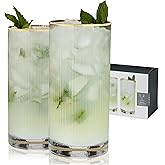 Viski Meridian Highball Glasses Set of 2 - Vintage Drinking Glass, Art Deco Ripple Glassware Design, 15oz Gold Rimmed Collins Glasses Set