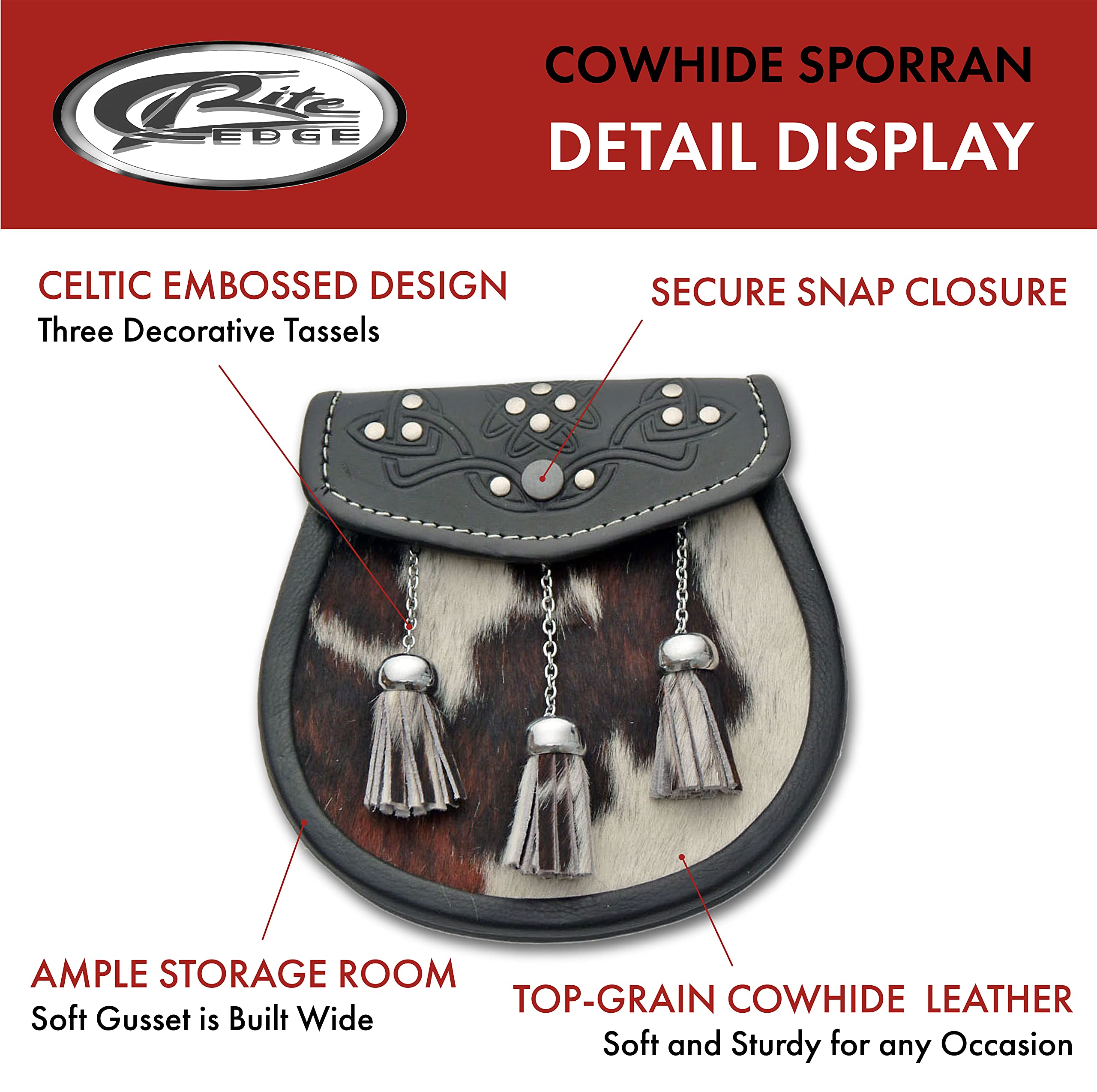 SZCO Medieval Sporran 8 Inch - Tasseled Cowhide Leather Pouch with 3 Tassels - Scottish Kilt Sporran with Chain Belt for Men - Medieval Bag for Costume & Renaissance Accessories