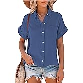 Shebote Womens Short Sleeve Cotton Button Down Up Shirt Collared V Neck Tops Shirts Blouses Dress for Women Western Wear