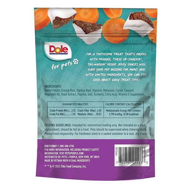 DOLE FOR PETS FRUIT JERKY BITES DOG TREATS, CARROT AND COCONUT FLAVOR, CHEWY TREATS FLAVORED WITH REAL FRUIT AND VEGETABLES, NO WHEAT, CORN, SOY, ARTIFICIAL FLAVORS, COLORS, OR PRESERVATIVES, 6 OZ