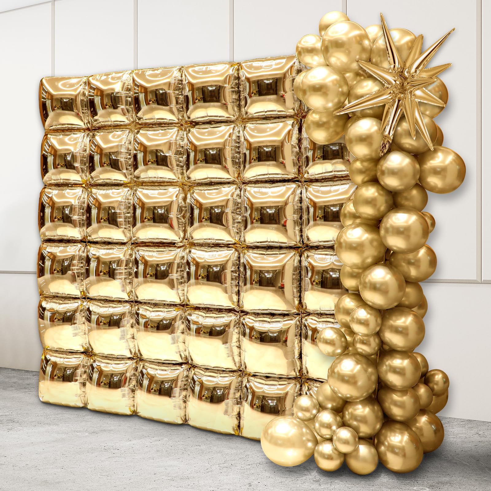 Photo 1 of 66pcs Gold Flat Square Foil Balloon Wall Backdrop Metallic Double Sided Gold Silver Balloon Garland Kit Background Tunnel Arch for Graduation Anniversary Birthday Engagement Disco Party Decorations