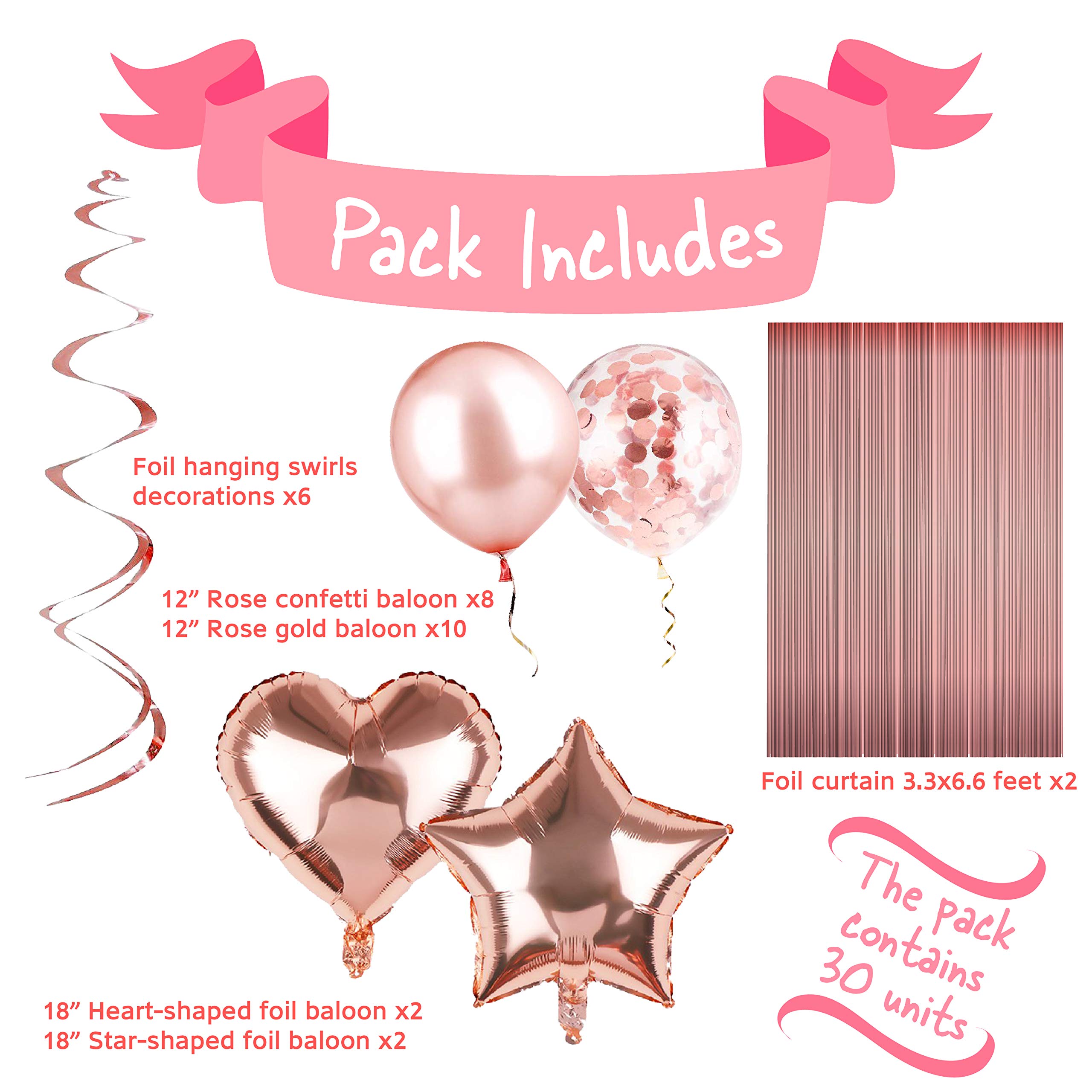 Rose Gold Party Decorations - Rose Gold Birthday Decorations Set: Rose Gold Confetti Balloons, Tinsel Foil Fringe Curtains, Rose Gold Heart and Star Shaped 18\