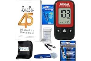 Lual's 45 Diabetes Decoded Bundle with Blood Glucose Monitor Start Kit | Diabetes Testing Kit | ReliOn Premier CLASSIC Blood Glucose Monitoring System, 25 Blood Glucose Test Strips, 1 Lancing Device, 200 count Ultra-Thin Lancets, Travel Case for Blood Glucose Meter