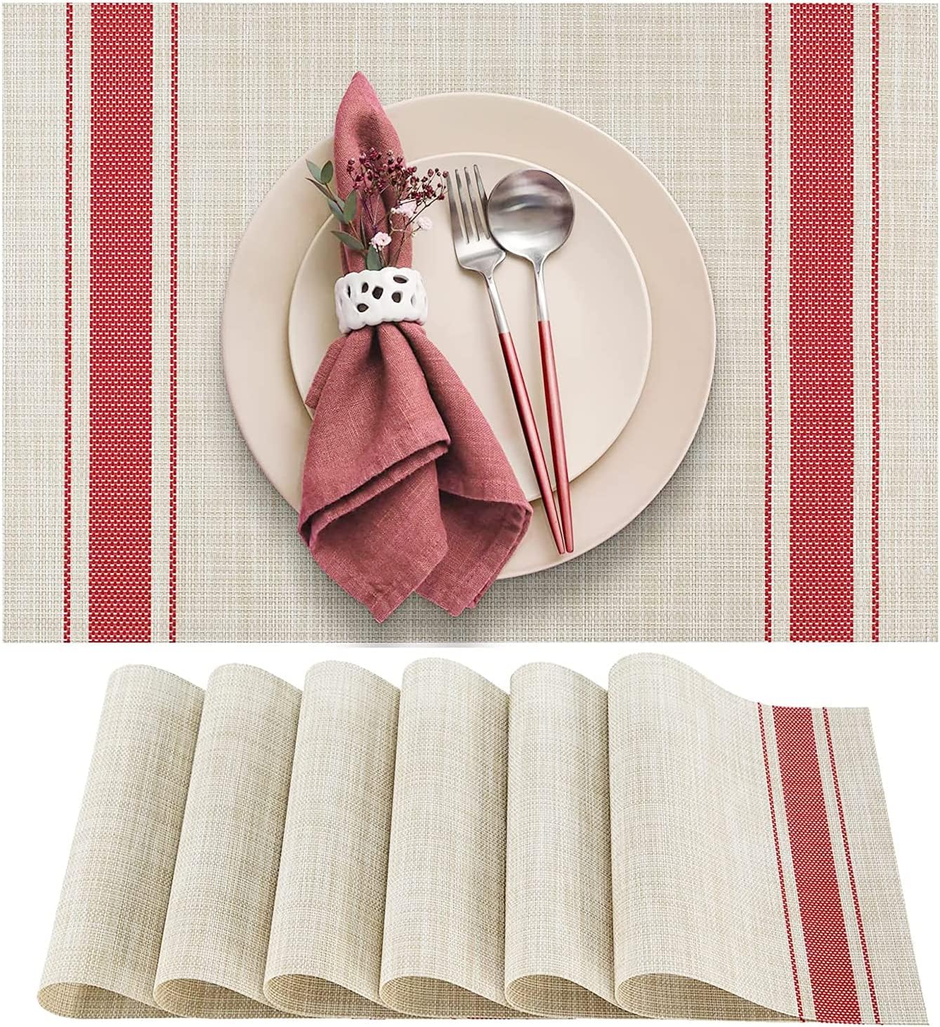 WUBAYI Placemats, Set of 6 Table Mats Heat Resistant Stain Resistant Non-Slip Woven Vinyl Insulation Placemats, Washable Durable Elegant Table Mats for Kitchen Dinning Restaurant(Beige Red)