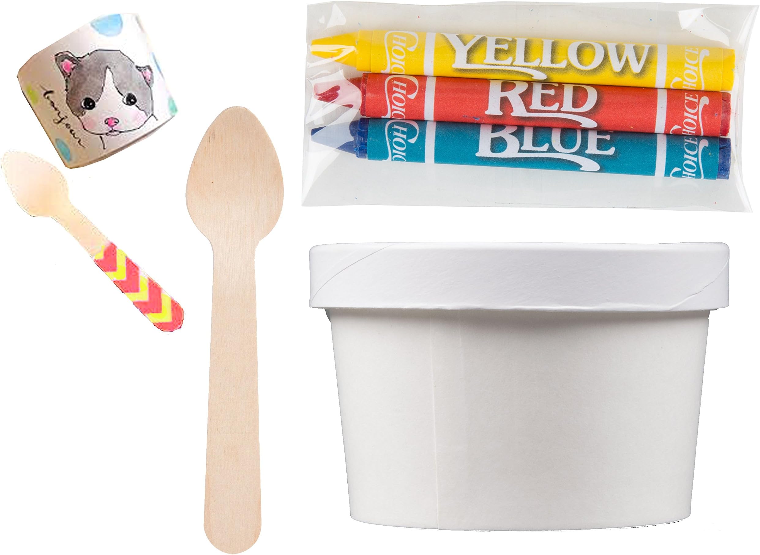 Party Ice Cream Container 25 pack, Coloring Cups + Crayons Lids & tasting wooden Spoons Kit decorating set