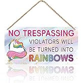 Girls Unicorn Bedroom Wall Decor, No Trespassing Violators Will Turn Into Rainbows Room Wall Decor, Kids Nursery Unicorns Hanging Signs, Unicorn Birthday Party Decorations, 12x6"