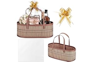 Reallnaive 1 Set Woven Baskets for Gifts Empty Large Bamboo Gift Baskets with Handle Cellophane Wrap Bag and Pull Flower Ribbon Sturdy Foldable Gift Packages for Birthday Wedding Favor Wrapping