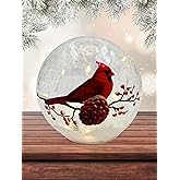 Gift Essentials Cardinal with Pine Cones Crackle Glass Globe - LED Christmas Light Up Glass Home Decor - Battery Operated Orb Lamp - Requires 3 AA Batteries (Not Included)