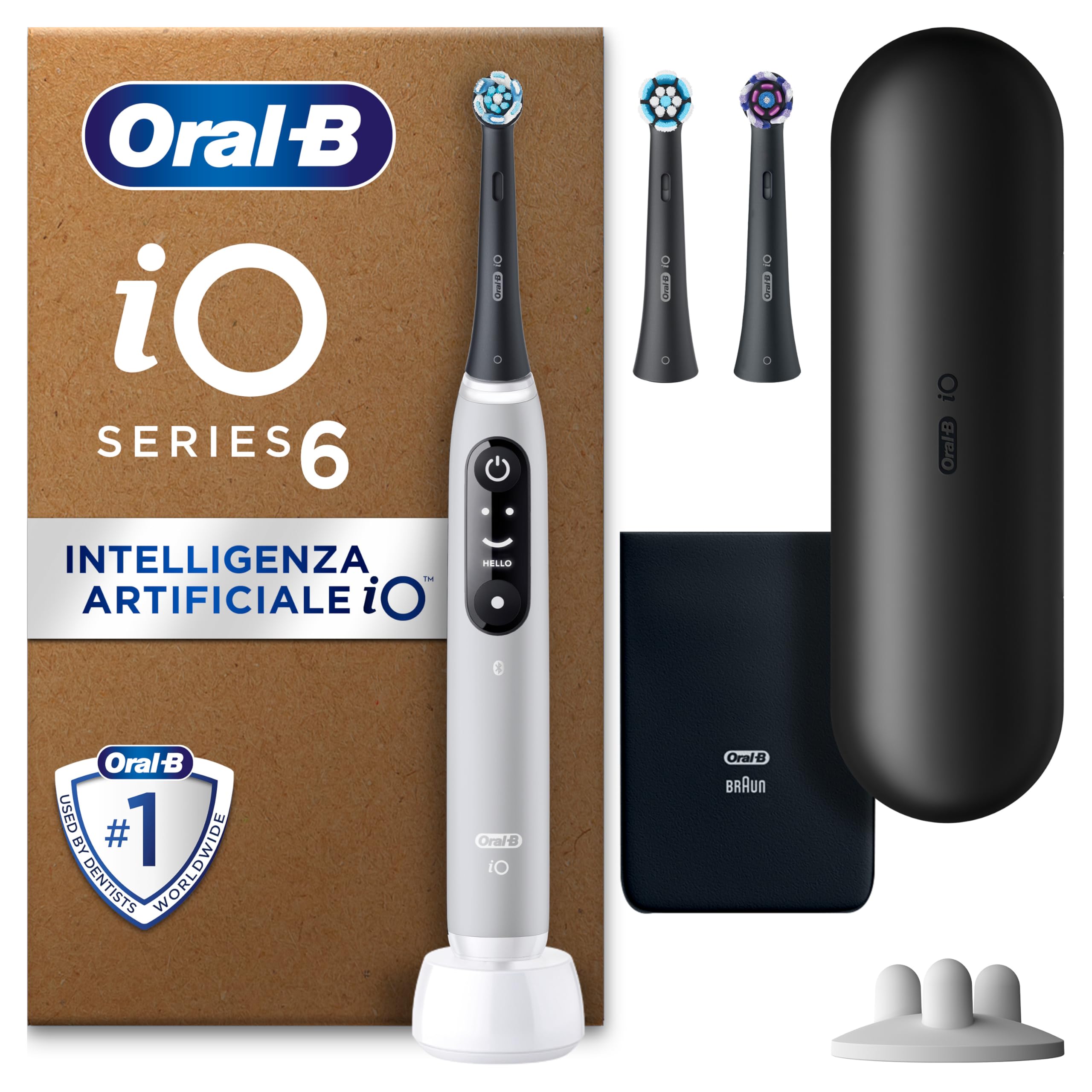 Oral-B Spazzolino Elettrico Ricaricabile iO 6 Grigio, 3 Testine di Ricambio per Spazzolino Elettrico, Pulizia Denti Efficace, Custodia Viaggio, Porta Testine, Delicato Su Gengive, Sensore di Pressione