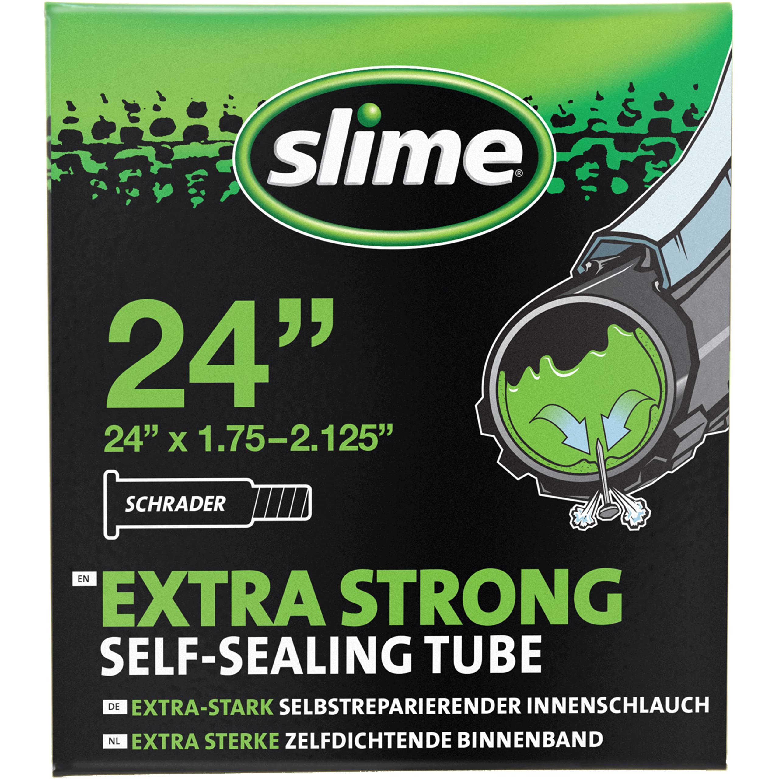 Slime - 24 x 1.75 - 2.125 Inch Non Toxic Eco Friendly Self Sealing Bicycle Inner Tube with a Schrader (Car Style) Valve for 24 Inch Wheels