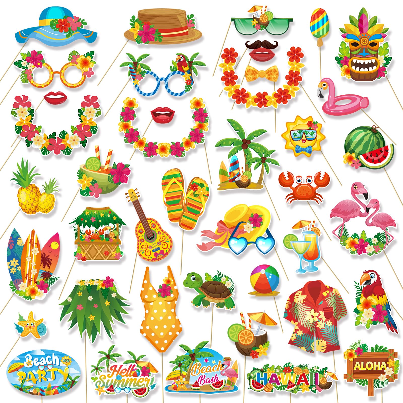 Konsait 42 PCS Hawaiian Photo Booth Props Luau Party Decorations, Summer Photo Booth Props Tropical Photo Booth Props Beach Party Decorations Hawaiian Party Decor Aloha Backdrop Luau Props