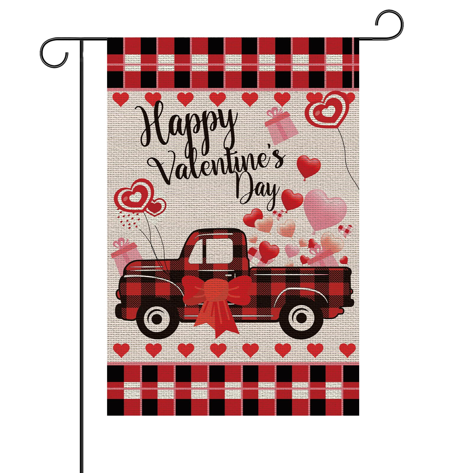 Photo 1 of 12x18'' Valentines Day Garden Flag, Love Heart Garden Flag Happy Valentine's Day Yard Flag with Cute Plaid Truck Patterns Patio Outdoor Decorations for Anniversary Home Decor X5
