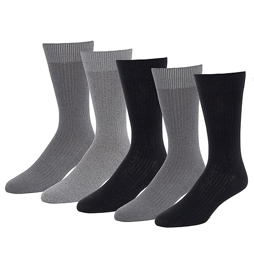 Amazon Essentials Mens Comfortable Patterned Dress Socks, 5 Pairs, Black/Dark Grey/Grey, Size 13-15