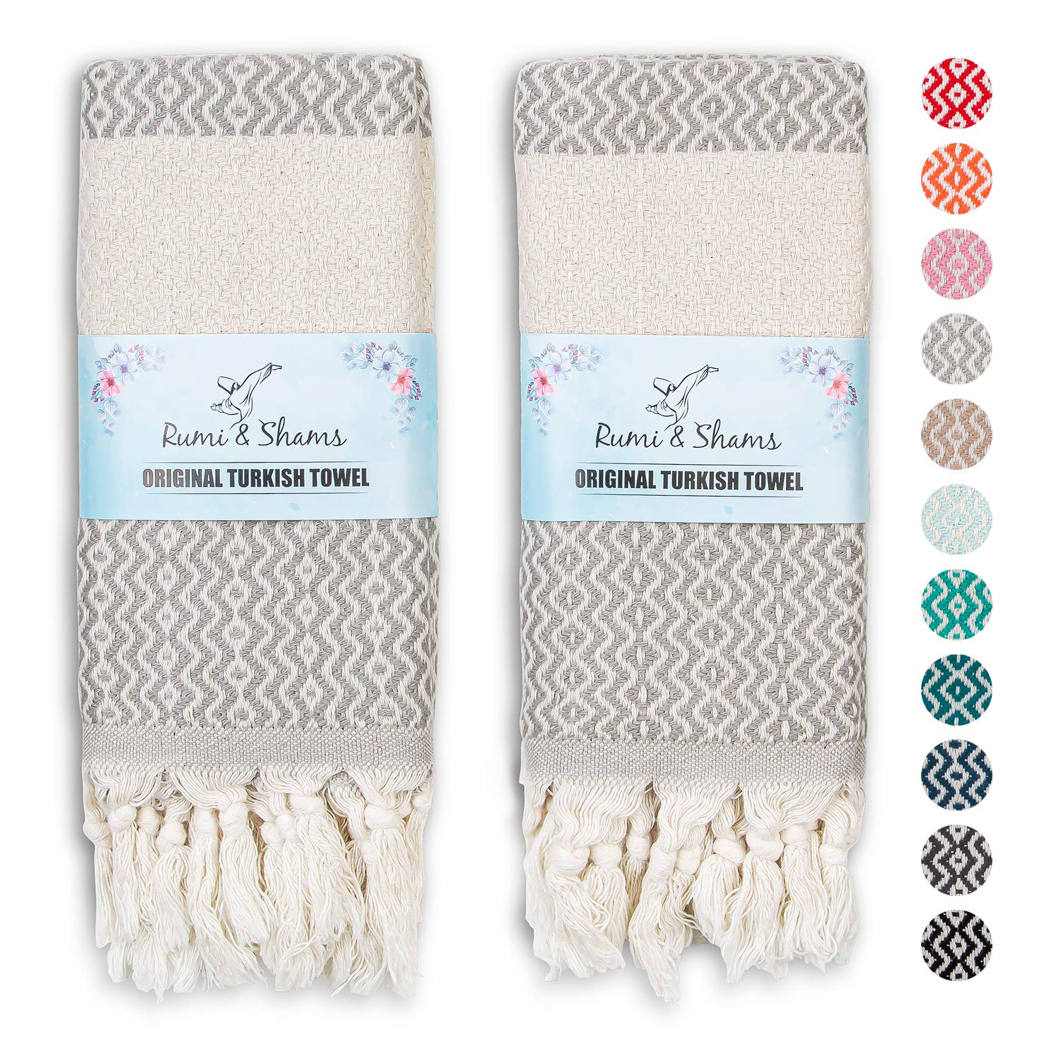 Rumi&Shams Turkish Hand Towels for Bathroom | 2 pcs Bathroom Hand Towels | 100% Cotton Decorative Kitchen Towels | 16x35 Boho Hand Towels | Oeko-Tex Certified Gray Hand Towels