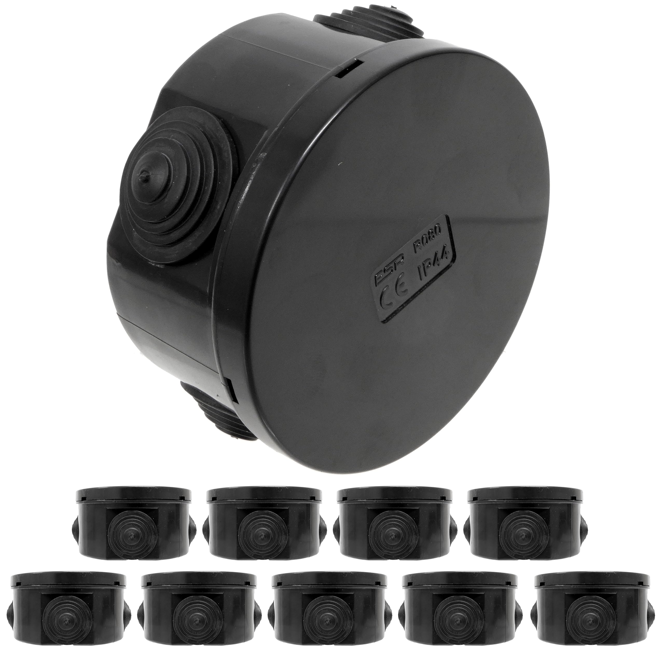10 x Weatherproof Junction Box Outdoor Black - 80x40mm Round - Removeable Grommets - Snap On Lid - IP44