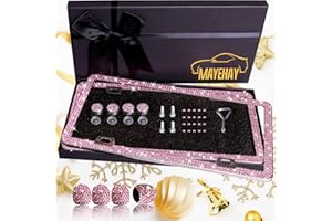 MAYEHAY Pink License Plate Frame 2 Packs Bling License Plate Frame for Women Sparkly Diamond License Plate Frames Glitter Rhinestone License Plate Frame with Pink Tire Valve Caps with Giftbox
