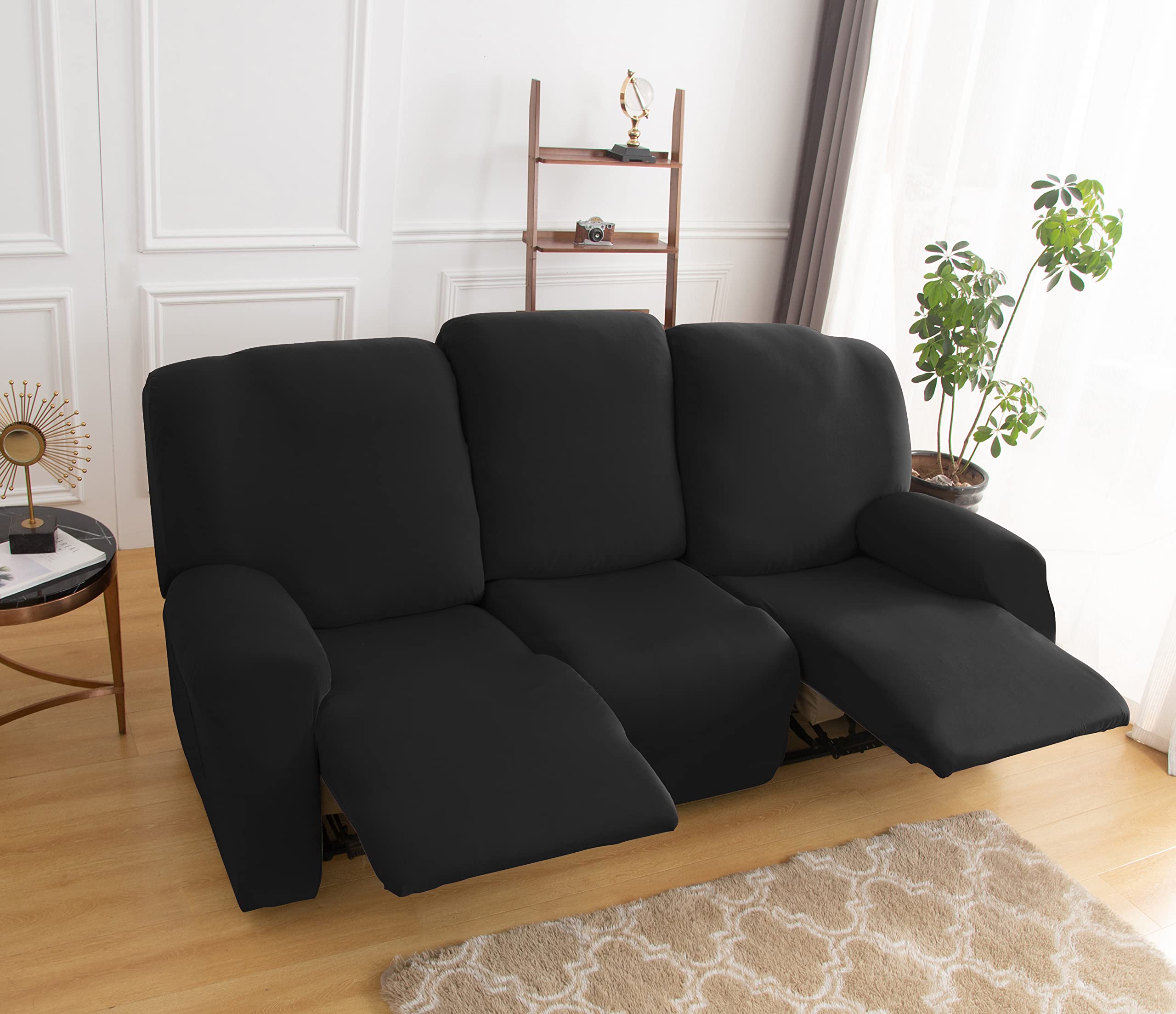 Stretch Recliner Chair Cover,8-Pieces Sofa Cover Slipcover Couch Covers,Armchair Cover Non-Slip Furniture Protector ,Elastic Spandex Soft Recliner Chair Protector with Side Pocket(3 Seater Black)