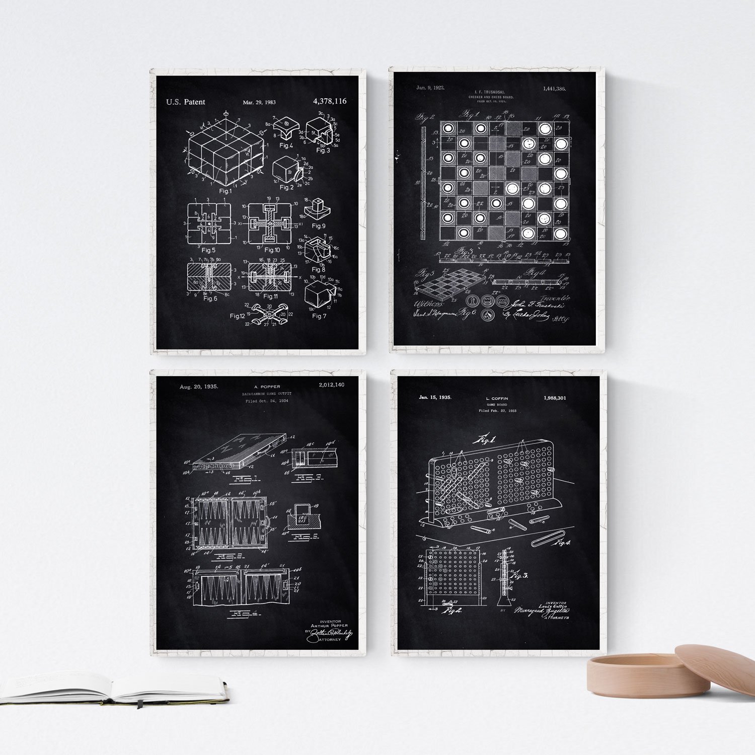 Nacnic BLACK - Pack of 4 sheets with PATENTS of games. Set posters with inventions and old patents. Choose the color you like. Printed on 250 grams