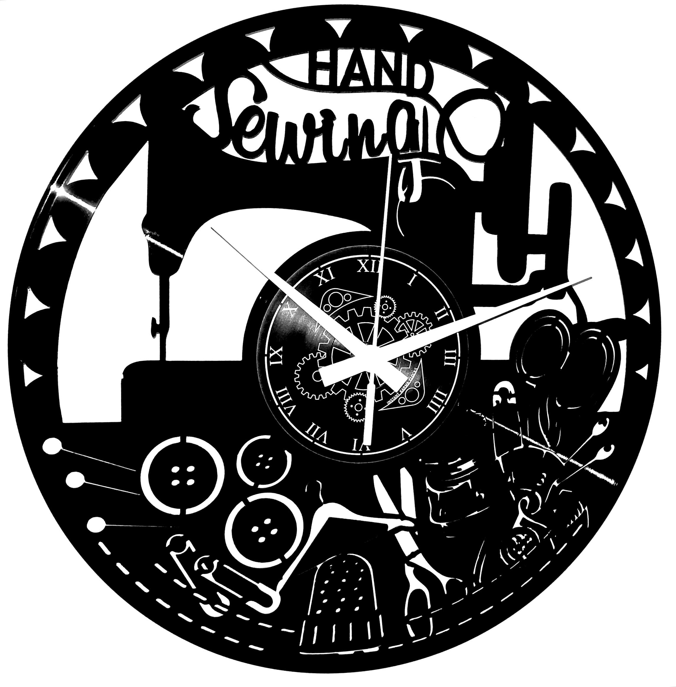 Instant Karma Clocks | Hand Sewing Wall Clock with Vintage Machine, Needles, and Thread Design – Silent No-Ticking | Perfect for Bedroom, Office, Studio, Cabin, Living Room – Unique Decoration