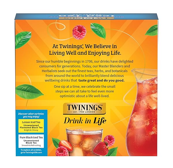 TWININGS STRAWBERRY & RASPBERRY HERBAL ICED TEA, 72 OVERSIZED TEA BAGS, MAKES 18 PITCHERS OR 144 SERVINGS, UNSWEETENED, NATURALLY CAFFEINE-FREE, 72 COUNT (PACK OF 1)