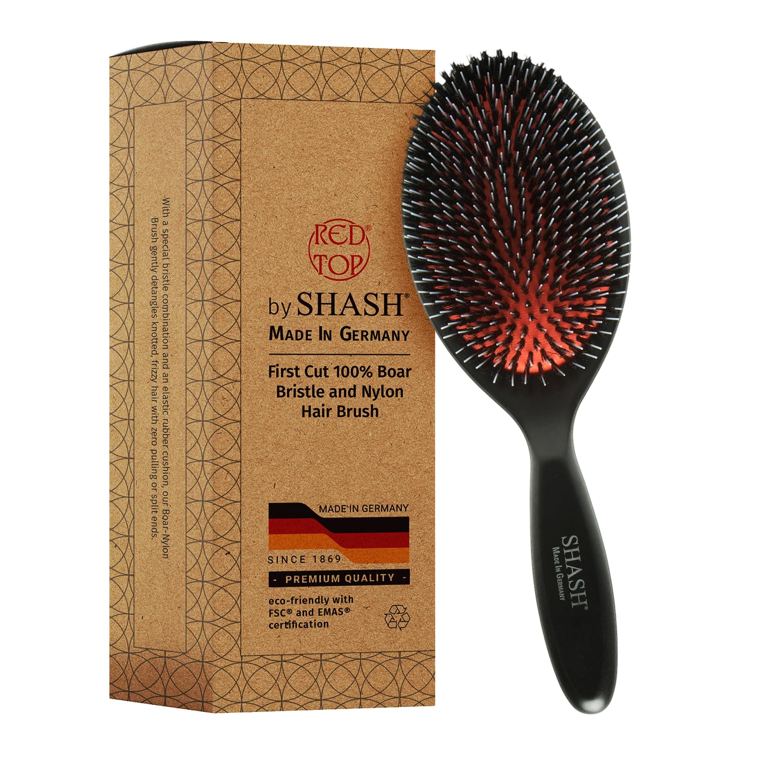 SHASH Since 1869 Made In Germany - Nylon Boar Bristle Brush For Normal To Thick Hair, Gently Detangles, No Pulling or Split Ends - Improves Hair Texture, Soothes and Stimulates Scalp (Large)