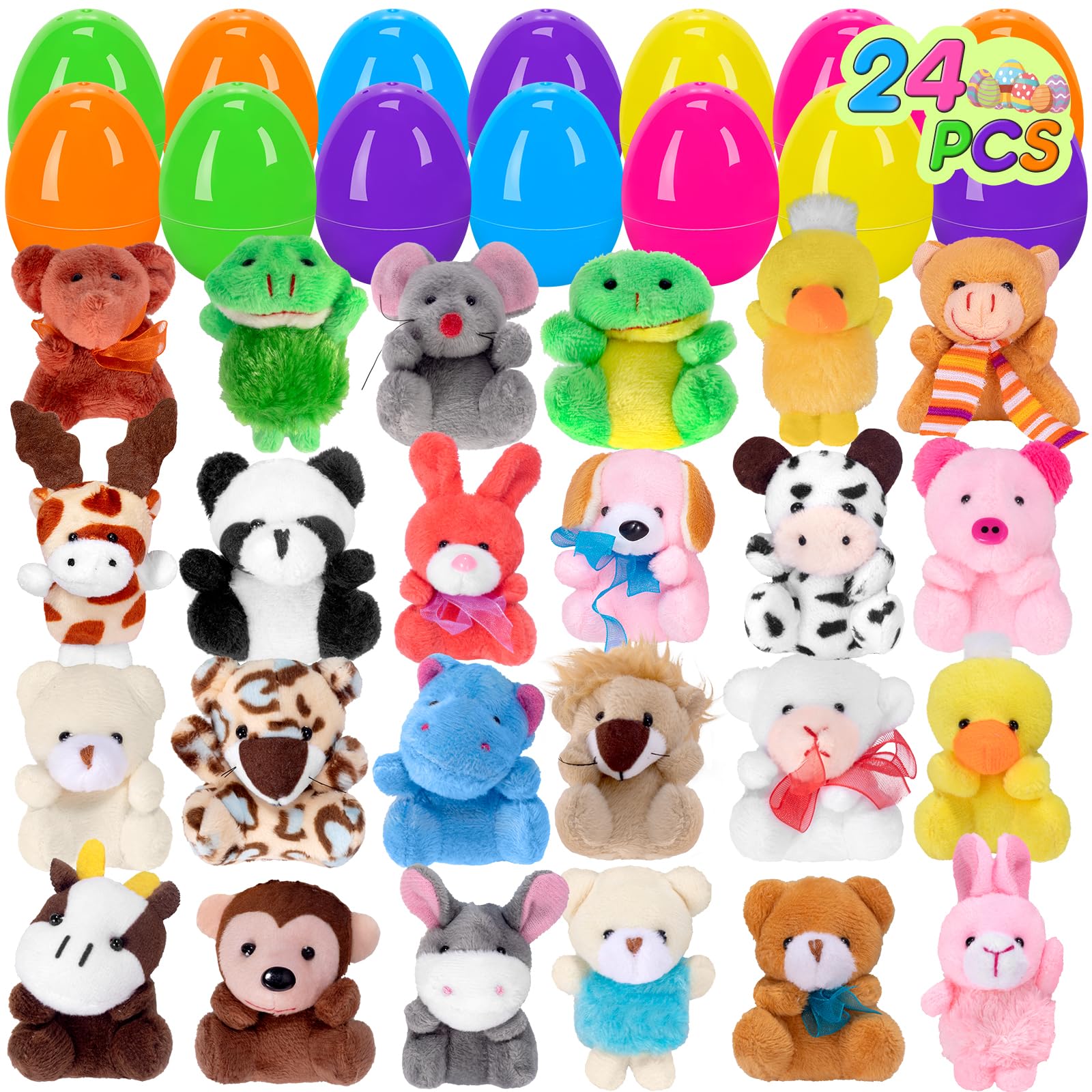 Photo 1 of 24 PCS Prefilled Easter Eggs with Mini Plush Animals Toys Easter Basket Stuffers/Fillers for Kids Toddlers Plastic Easter Eggs Stuffed Animals Gifts Eggs for Easter Egg Hunt Prizes, Party Favor