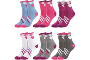 Jspupifip Kids Athletic Socks, 6 Pairs Girls Socks with Retro Hearts Stripes, Sport Crew Sock for Youth Teen Girls 8-12 Years