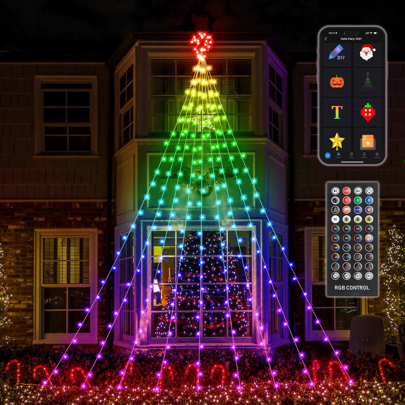 Photo 1 of 16.4FT Smart RGB Christmas Waterfall Lights with Star, APP & Remote Control, DIY Custom Light Show & Music Sync, Timer, 245 LEDs Color Changing Outdoor Decor for Xmas, Yard, Party
