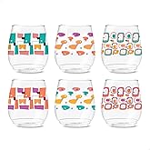 TOSSWARE POP 14oz Vino Mid-Century Retro Series, SET OF 6, Premium Quality, Recyclable, Unbreakable & Crystal Clear Plastic Printed Glasses