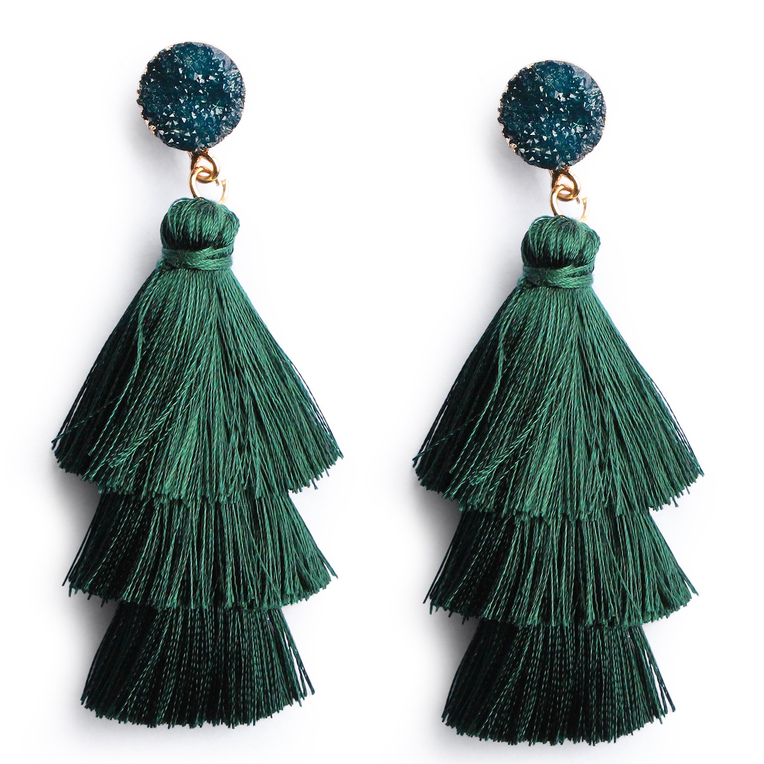 Me&Hz Deep Green Layered Tassel Drop Earrings for Women Girls Dark Green Statement Fringe Dangle Earrings Emerald Studs Christmas Outfit Green Jewelry Gift