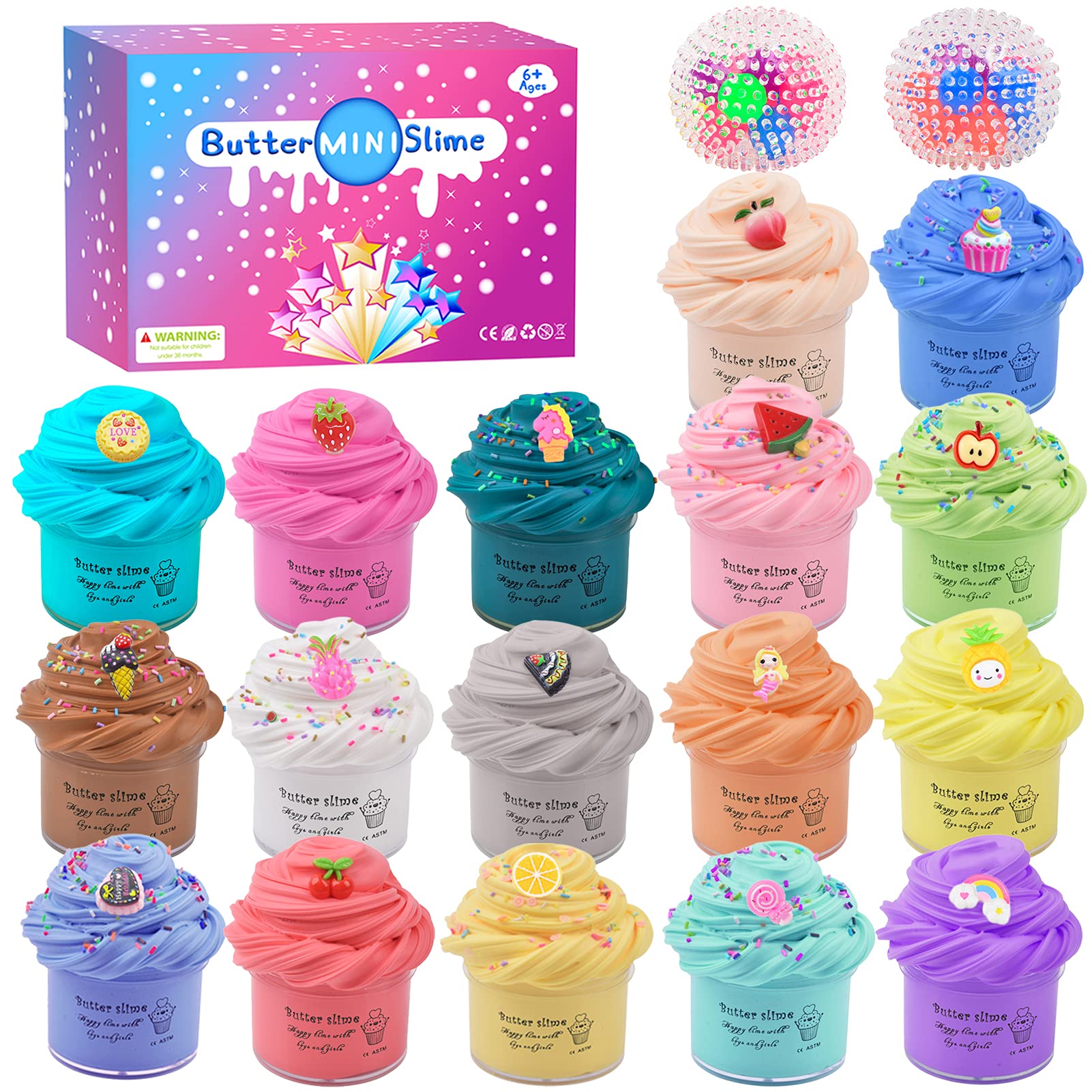 Butter Slime Kit 19 Pack, with 2 Pack Stress Relief Balls, Scented Fruit Mini Slime for Kids Party Favor, Unicorn Crunchy Slime Toys for Girls Boys, Super Soft and Non-Sticky