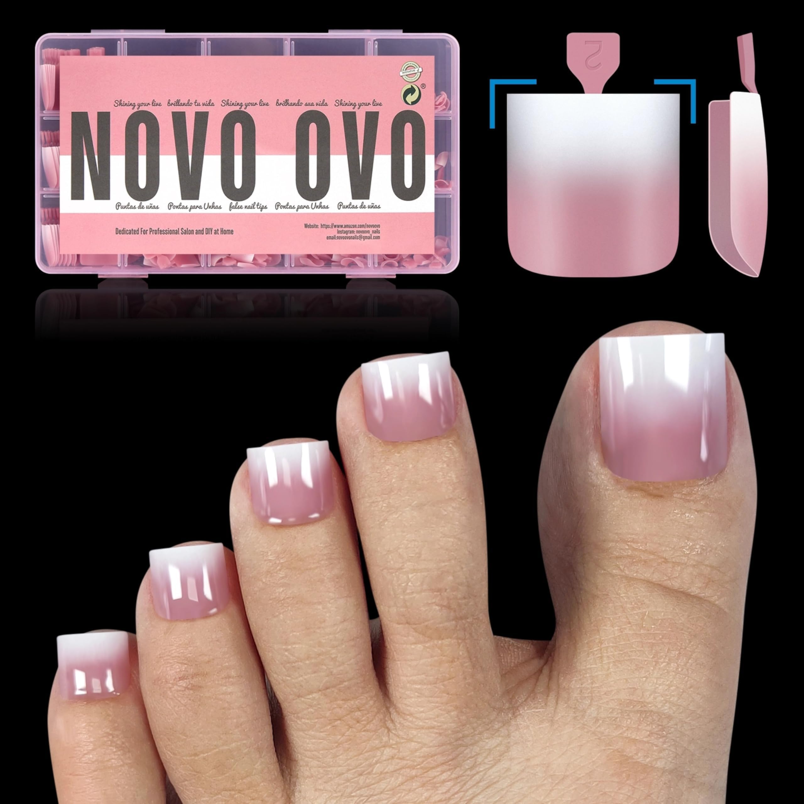 NOVO OVO Ombre French Tip Press on Toe Nail Tips, Sharp Square Pre-Designed Soft Gel False Toenail Extension, BERRY PINK Pre-applied Tip Primer & Base Coat, Full Cover Acrylic DIY x 15 Sizes 240 pcs — image 1