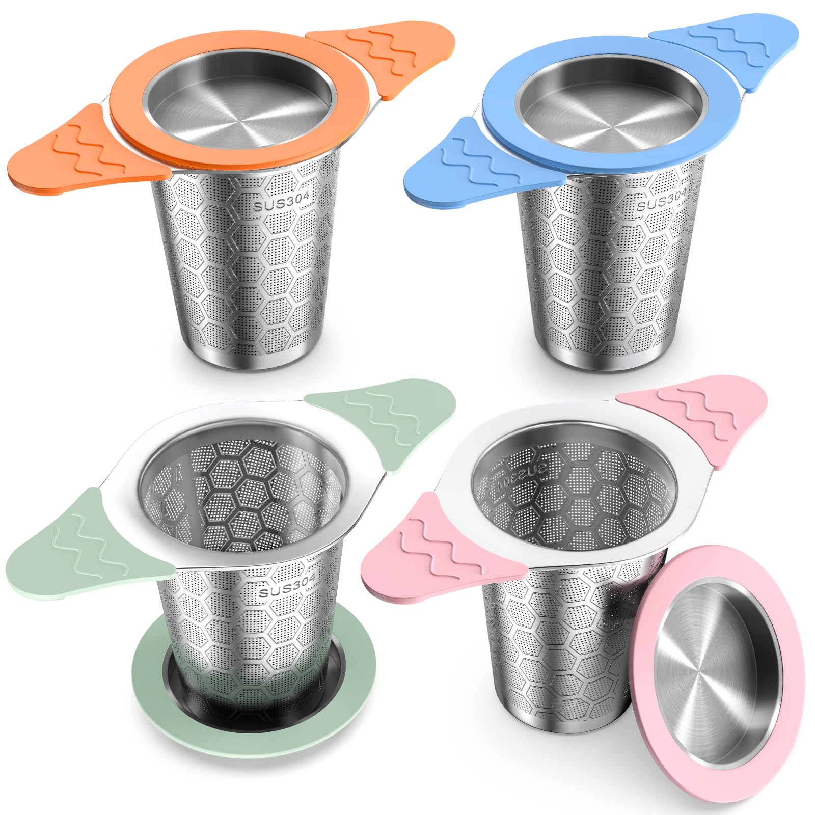 CTIANWXY Tea Infuser for Loose Leaf Tea,18/8 Stainless Steel Tea Infuser with Heat Proof Silicone Handles,Extra Fine Mesh Tea Strainers Filter Fine Tea Leaves Effectively,Fits TeaPots/Mugs-4Pack Image