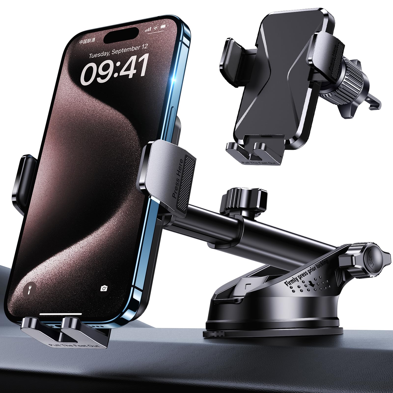 DOLYOFG Universal Car Phone Mount Holder [3-in-1 Suction Cup] for Dashboard Windshield Air Vent, Military-Grade Adhesive Phone Car Mount, One Hand Release for iPhone Samsung Android Smartphones