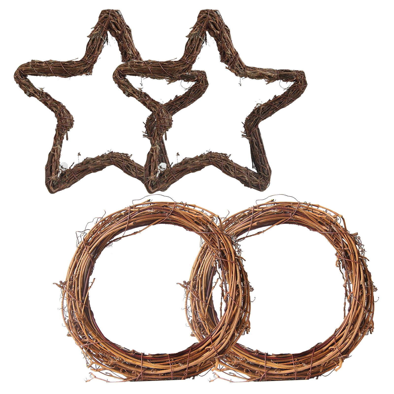 4 Pack Retro Christmas Wreath Natural Grapevine Rattan Wreaths Round and Star Grapevine Wreath DIY Home Garden Decoration Wedding Halloween Christmas Party Vine Hanging Wreath