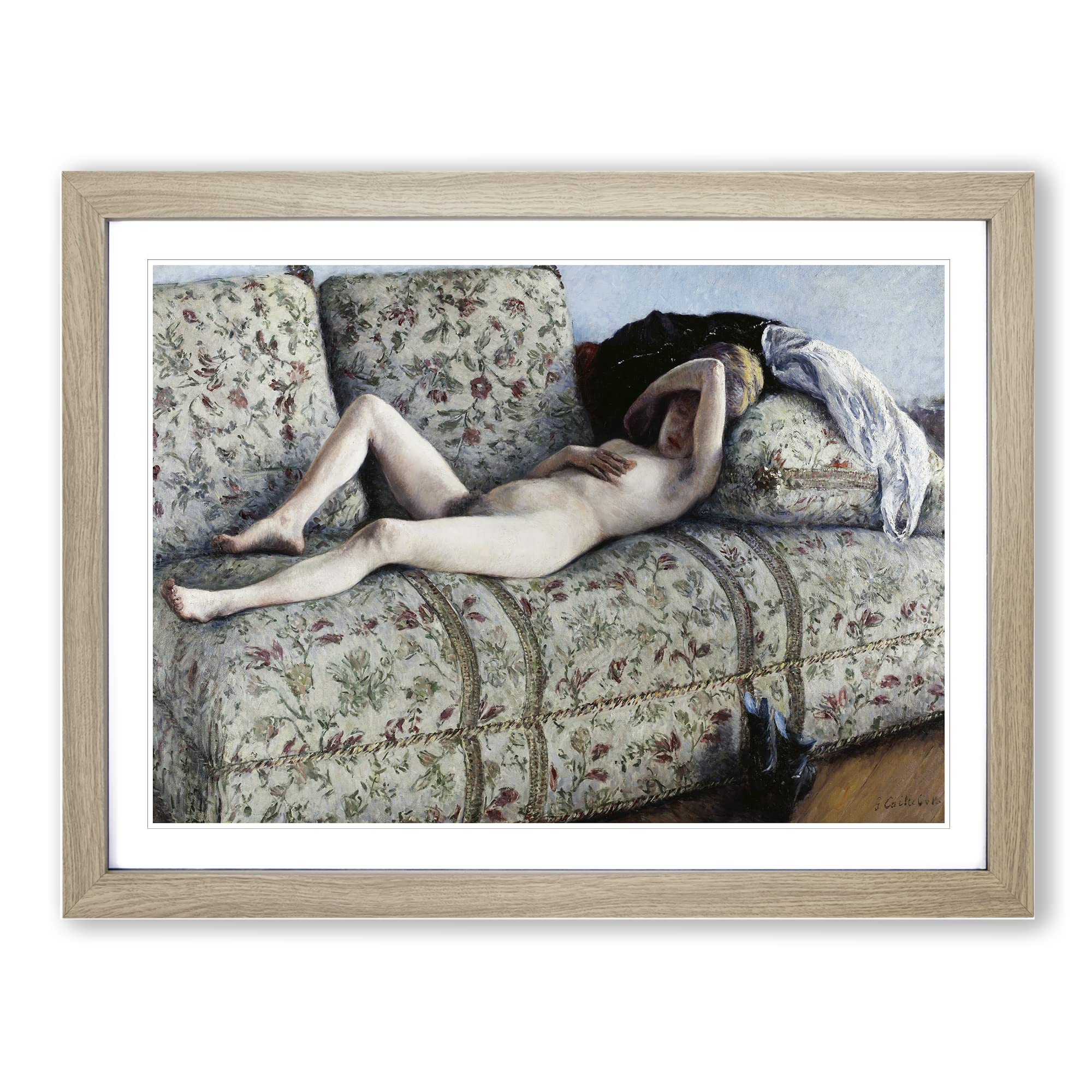 Nude On A Couch By Gustave Caillebotte Classic Painting Framed Wall Art Print, Ready to Hang Picture for Living Room Bedroom Home Office Décor, Oak A4 (34 x 25 cm)