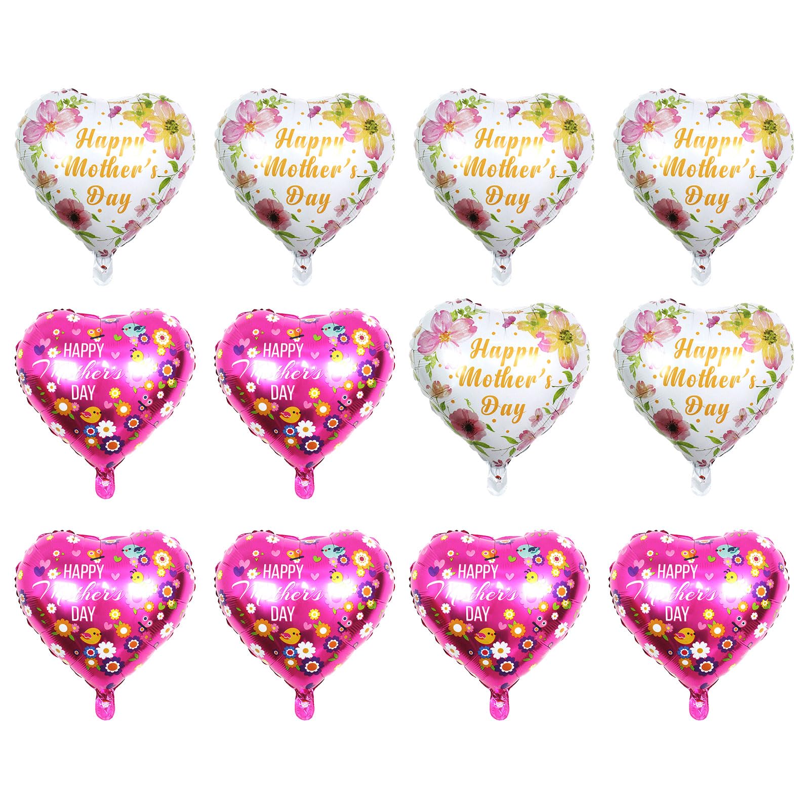 12Pcs Happy Mothers Day Balloons, Mothers Day Decorations Foil Balloons, Pink White Heart Balloon Decorations, Photo Backdrop Party Props for Mother's Day Mom Birthday Party Decorations