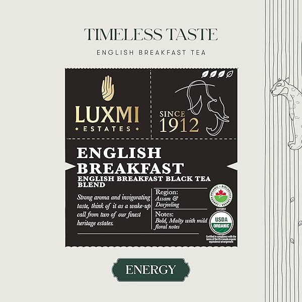 LUXMI ESTATES TALE OF TWO ESTATES ORGANIC ENGLISH BREAKFAST TEA (50 TEA BAGS) CAFFEINATED TEA BAGS FOR A MORNING BOOST AND NATURAL ENERGY, WITH CERTIFIED ORGANIC DARJEELING & ASSAM BLACK TEA