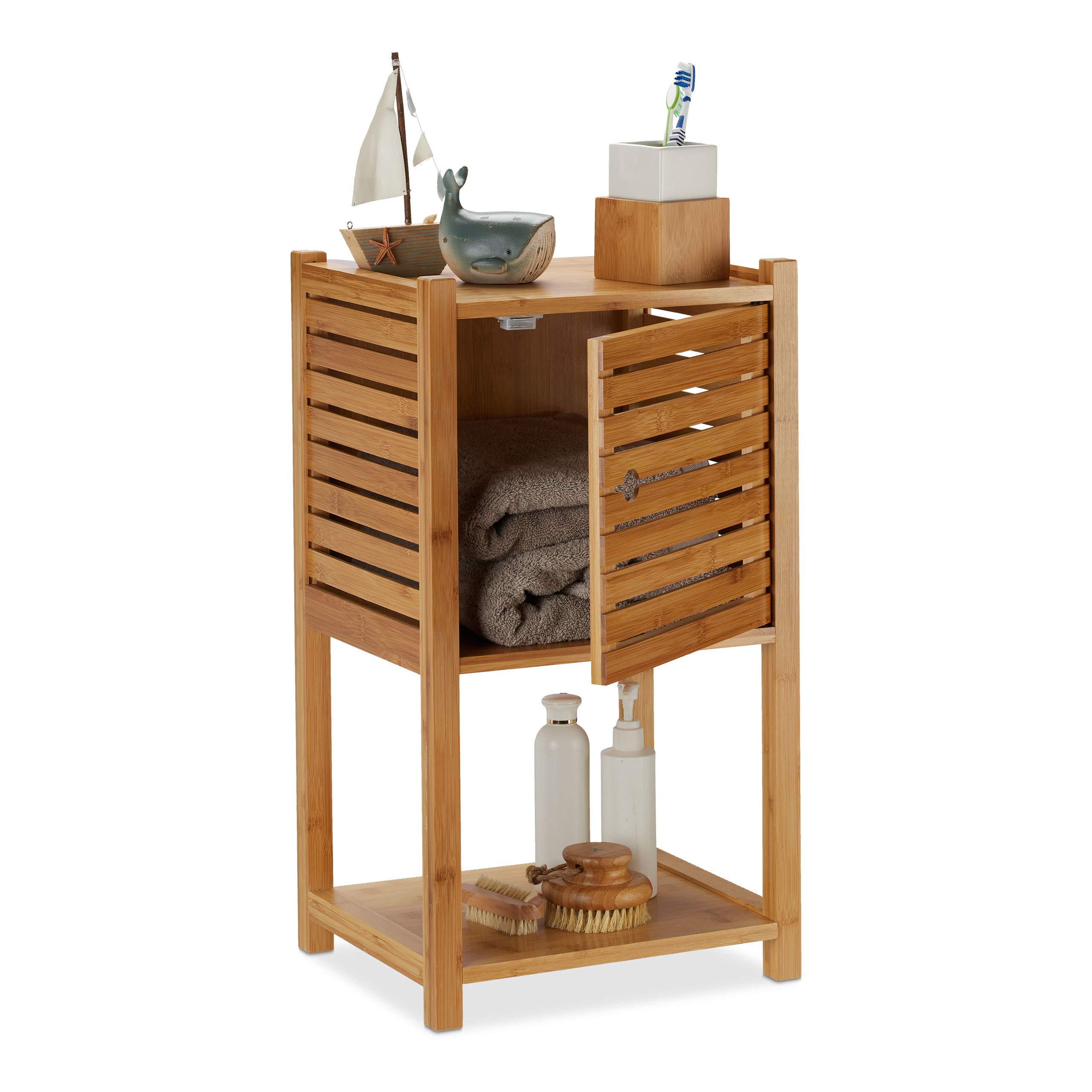 Relaxdays Bamboo Bathroom Cabinet, 2 Tiers, 1 Door Compartment, Compact Unit, H x W x D: 62.5 x 35 x 29 cm, Natural