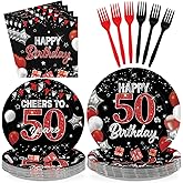 Greencian 96Pcs Black Red 50th Birthday Decorations - Black and Red Plates and Napkins Happy Birthday Party Disposable Tableware for 1975 Women Men Vintage 50th Birthdays Party Decorations Serves 24